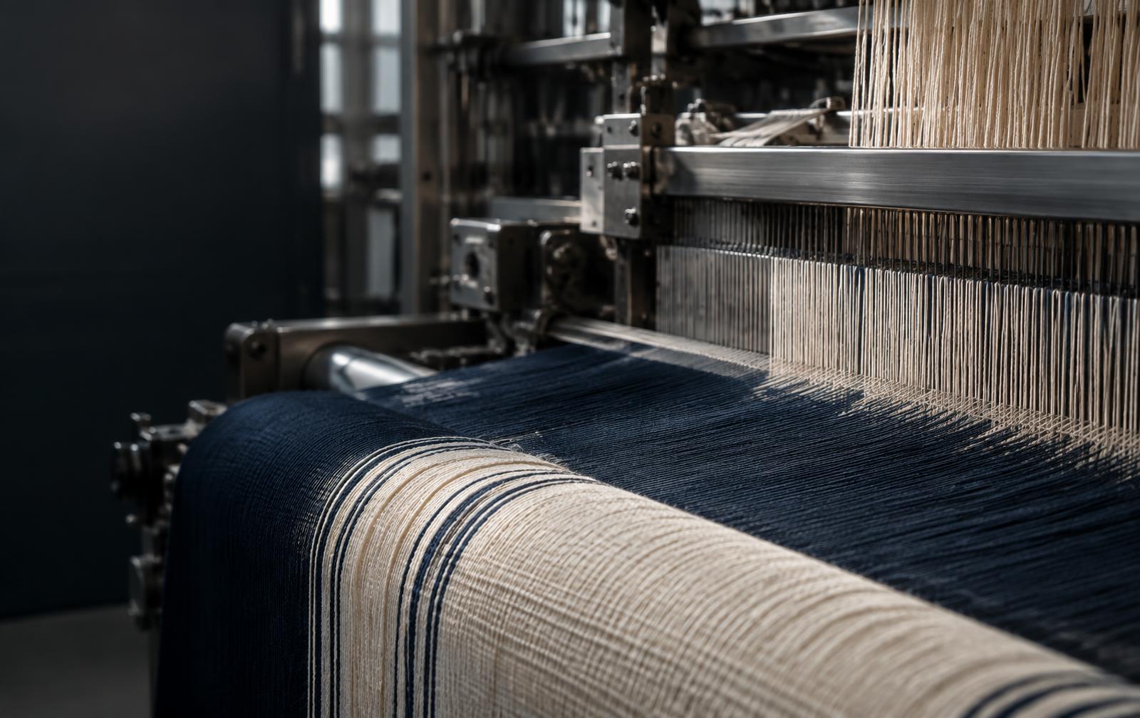 A precision loom weaving navy and ivory fabric
